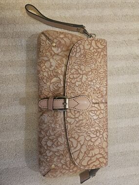 Patricia Nash Dusty Rose Leather Crossbody Clutch Floral Embossed Metallic